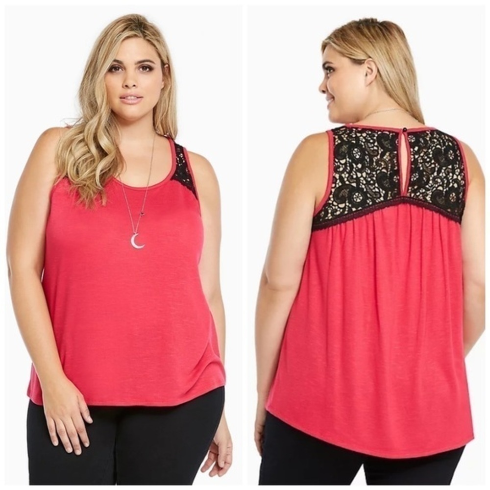 Torrid lace Inset Tank Top Black Pink Fuschia Button Keyhole Size 1